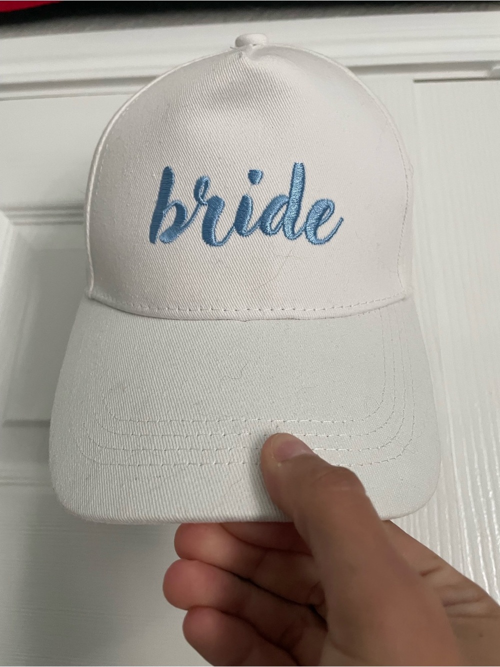 White Bride Cap with Blue Embroidered Script